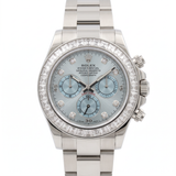 Rolex Cosmograph Daytona 126576TBR – Platin, Baguette‑Diamantlünette, eisblaues Zifferblatt