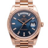 Rolex Day-Date 36 128235-0085 Everose-Gold mit blauem Baguette-Diamant-Zifferblatt