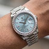 Rolex Day-Date 40, Platinum, Diamonds, Ref. 228396TBR, partially glued, B+P