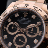 Rolex Daytona Chronograph, Black Dial, Diamant Indizes, Rosegold, Ref. 116505, B+P