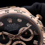 Rolex Daytona Chronograph, Black Dial, Diamant Indizes, Rosegold, Ref. 116505, B+P
